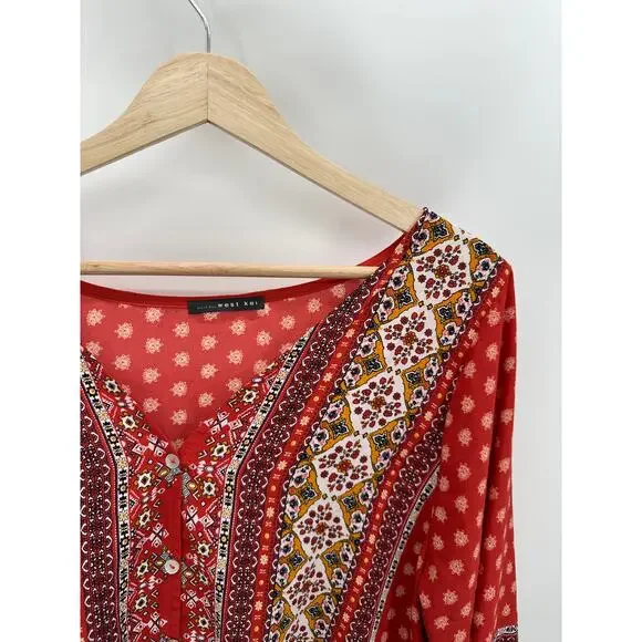 West Kei Top Women LARGE Talina Rust Red Printed V-Neck Tie Front Blouse - Picture 6 of 10